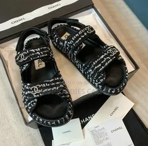 Black Tweed Double-Strap Sandals