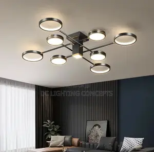 Modern Tricolor Light Led 8-Ring Gold/Black Metal Acrylic Ceiling Lamp
