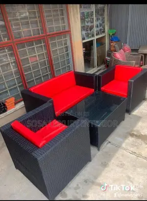 Modern Black Rattan Box Style Outdoor Set With Red Cushion