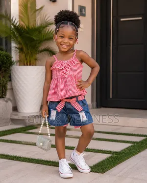 Red Check Tank Top With Ripped Jeans Shorts Set for Girls (4-7 Years)