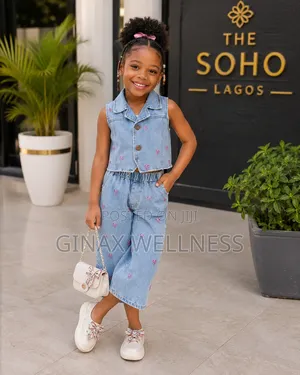 Floral Print Jeans Sleeveless Vest and Wide-Leg Trousers Set for Girls