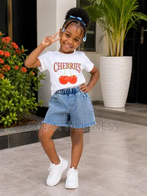 Sweet Cherry T-Shirt and Rhinestone-Studded Jeans Shorts Set for Girls
