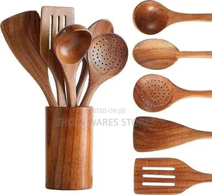 Natural Wood Cooking Utensil Set - 5 Piece With Holder