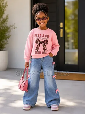 Pink Long-Sleeved Sweatshirt With Flare Jeans Set for Girls