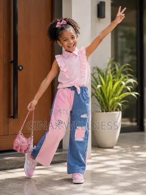 Pink Sleeveless Top With Color-Blocking Ripped Jeans Set for Girls