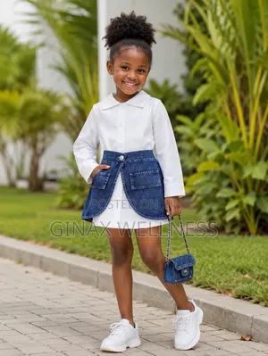 White Long-Sleeved Vintage Shirt With Jeans Skirt Set for Girls