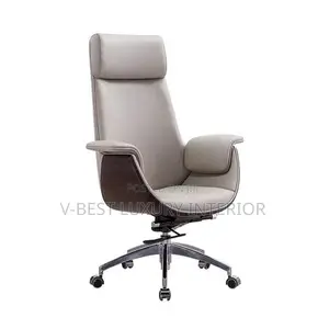 Office Chair_swivel Design With Black Leather Upholstery And Wood