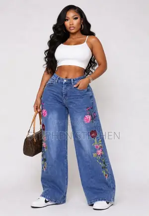 Wide Leg Floral Embroidered Jeans | High Waist Denim