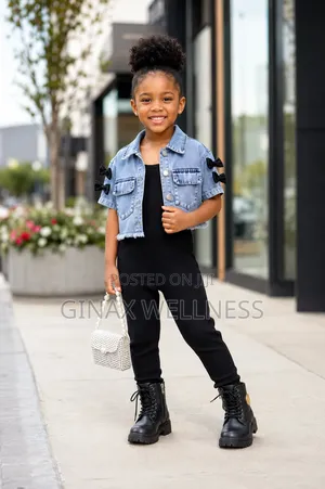 Denim Bow Jacket With Black Ribbed Jumpsuit Set for Girls