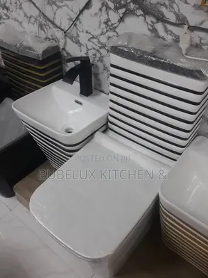 Luxury White Black Striped Water Closet + Hand Wash Basin Combo