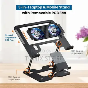 Foldable Laptop Stand With Dual Cooling Fans And Foldable Phone Stands