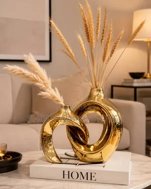 2-Piece Interlocking Gold Ceramic Vase Set - Modern Statement Decor
