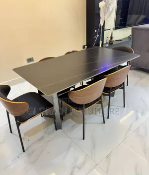 7piece Sintered Stone Dining Set–Extendable Table Walnut Leather Chair