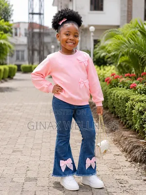 Pink Bow-Style Sweatshirt With Flare Jeans Trousers Set for Girls