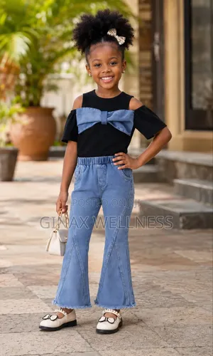 Cold-Shoulder Bow Top and Flare Jean Trouser Set for Girls