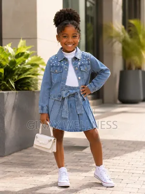 Jeans Outfit Set With Pearl Jacket, Pleated Skirt and Waist Belt