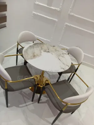 5-Piece Round Marble Dining Set–Gold Tulip Base Two-Tone Velvet Chair