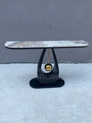 Sculptural Marble Console Table–Teardrop Black Base With Gold Pendulum