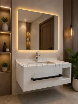 Luxury Floating Bathroom Vanity With Led Mirror White Gold Finish