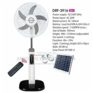Duravolt 16" 3-in-1 Rechargeable Standing Fan + Solar Panel/Bulbs