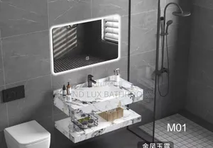 Modern Floating Marble-Effect Bathroom Vanity With Led Mirror