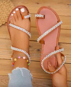 Size 43 Rhinestone Flat Sandals Brown