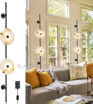 Round Natural Marble Plug in Wall Cord Sconce Lamp With Dimmer Button