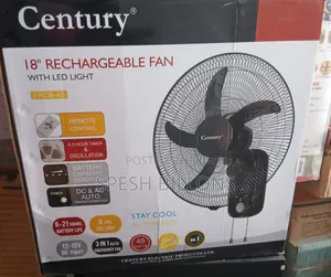 Century 18" 3in1 Rechargeable Wall Fan, Remote, 6pc Led, 21hrs Battery