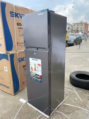 A Brand New Skyrun Double-Door Refrigerator in a Metallic Grey Finish