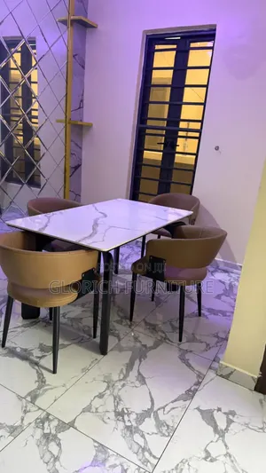 5-Piece Marble Dining Set – Square Table Tan Barrel Armchairs