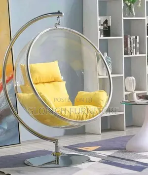 Bubble Hanging Chair–Clear Acrylic Sphere With Chrome Stand Cushions