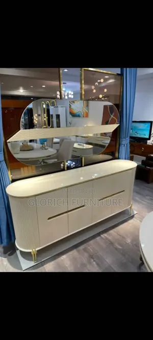 Luxury Cream Sideboard –Ribbed Cabinet With Oval Mirror Gold Accents