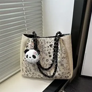 Elegant Woven Tote Handbag With Panda Charm