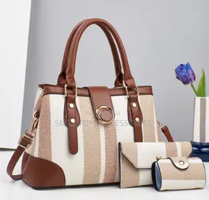 Ladies 3-Piece Striped Handbag Set – Tote Bag, Wallet Pouch