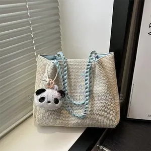 Kawaii Woven Straw Tote Bag With Panda Charm