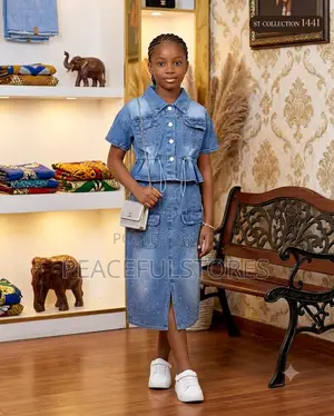 Girls' Luxury Rhinestone Denim Shirt Midi Skirt Set