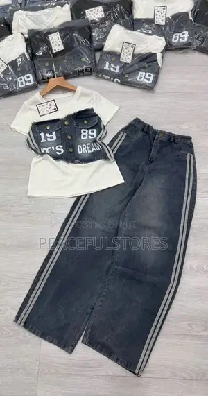 Teenagers' Luxury 2-Piece "Dream" Overlay Tee Wide-Leg Denim Set