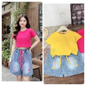 Teen Girls' Trendy "Campus 33" Crop Tee Distressed Denim Shorts Set