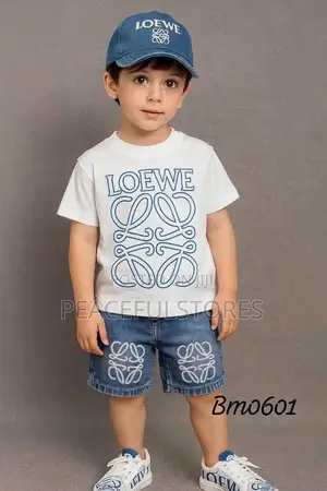 Boys' Luxury Loewe Inspired Tee, Denim Shorts Cap 3-Piece Set