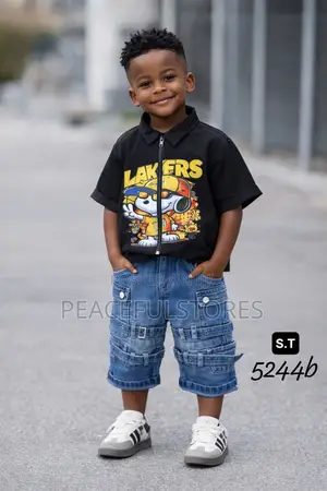 Boys' Premium "Lakers" Zip-Shirt Buckled Multi-Strap Denim Shorts Se