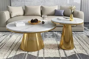 Round Coffee Side Table Set – White Marble Top With Gold Cone Base