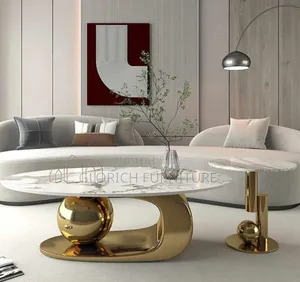 Oval Marble-Top Coffee Side Table Set – Gold Sculptural Base