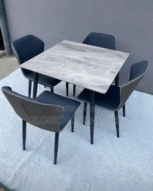 Square Marble-Top Dining Set–4-Seater With Dark Grey Leatherette Chair