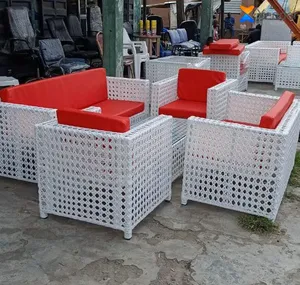 White and Red 7-Seater Rattan Chairs and Table