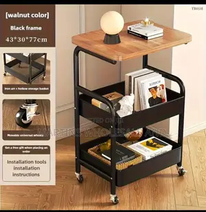 Walnut-Colored Generic Wooden Layers Trolley Features a Black Metal F