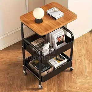 Walnut-Colored Generic Wooden Layers Trolley Features a Black Metal F