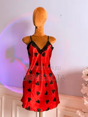 Red Satin Heart-Print Mini Slip Dress With Black Lace Trim