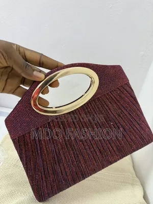 Pleated Burgundy Wine Shimmer Clutch With Gold Oval Handle