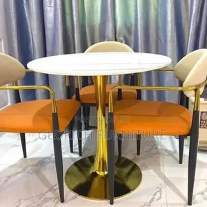Round Marble-Top Dining Set – 4-Seater With Gold Tulip Base