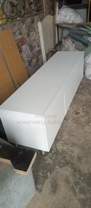 White Tv Console With Three Drawers and Two Doors